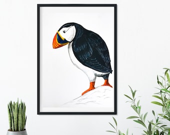 Puffin Watercolour Nursery Art print, Bird illustration print Vintage Childrens Decor Animal Wall Art Print A5 A4 A3 A2