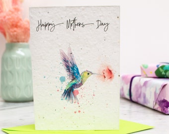 Mothers Day Plantable Seed Paper Hummingbird Card, eco growable seedpaper watercolour card