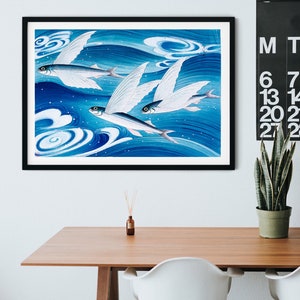 Framed Antique Japanese Fish Print, Flying fish Woodblock Poster oriental art, traditional oriental seascape japan decor print