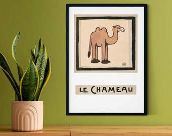 Framed Vintage Camel illustration print, French Childrens Le Chameau Nursery Animal Canvas, camel Wall Art. camel print, camel poster