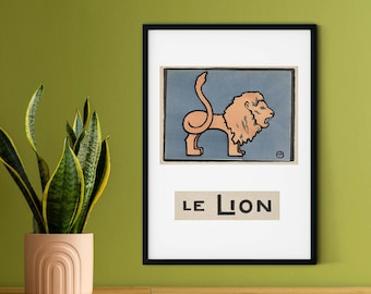 Framed Vintage Lion illustration print, French Childrens Le Lion Nursery Print, Animal Print, Lion Art Print A5 A4 A3 A2