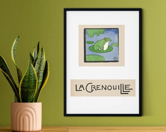 Impression d'illustration de grenouille vintage encadrée, impression de grenouille de pépinière d'enfants français, impression d'art animalier, impression de grenouille verte A5 A4 A3 A2