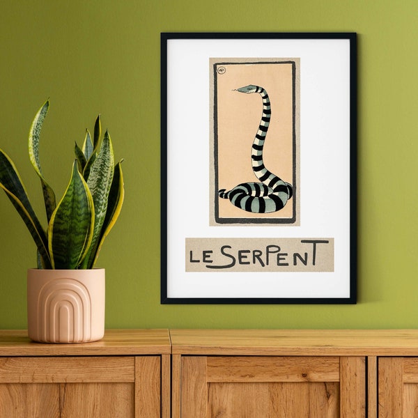 Framed Vintage Snake Illustration Print- French Childrens Le Serpent Animal Nursery Canvas Wall Art Decor Print A4 A3