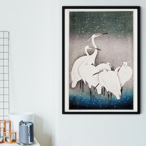 Framed Antique Japanese Cranes Print by Koson, Japanese Woodblock Poster 5 egrets Print, Japan Decor Birds Poster
