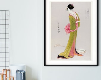 Framed Japanese Geisha Print, Woman in Kimono Japanese Woodblock Print, Japan Decor art print