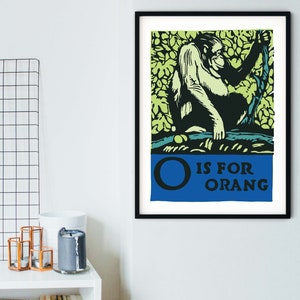 Impresión de orangután enmarcada, O es para impresión del alfabeto de orangután, letra del alfabeto animal O impresión, alfabeto ilustrado ABC Impresión de arte de orangután