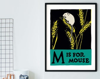 Framed Vintage Alphabet Illustration Print, M is for Mouse Childrens Alphabet Animal Print ABC Wall Art, mouse print, Nursery print