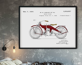 Framed Patent Print, Harley Davidson Motorcycle colored patent print, harley motorcycle patent wall art, patent drawing motorcycle print