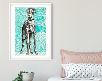 Framed greyhound dog print, vintage print dog art print, greyhound wall art, vintage poster greyhound print