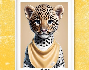 Jaguar print safari animals baby room wall art, personalised name safari playroom nursery prints