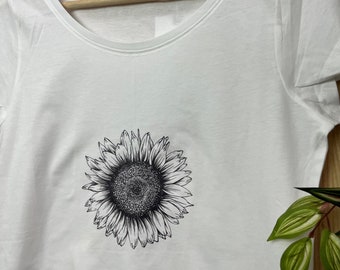 Dam Solros T-shirt, blommig t-shirt med solrosmotiv