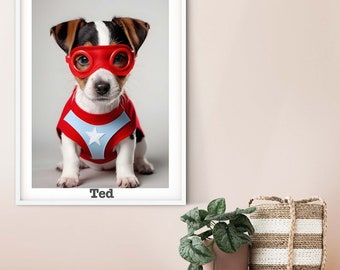 Children's Superhero tiny Dog print, Jack Russell puppy print superhero gift