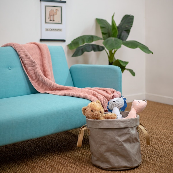 Cesta de lavandería gris, bolsa de papel lavable, cesto plegable, cesto de almacenamiento de papel, cesto decorativo de mango largo suave