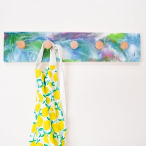 Resin Art coat rack with Oak wall hanging hooks, resin entryway rack or towel holder, custom epoxy coat rack, oak coat rack for wall storage