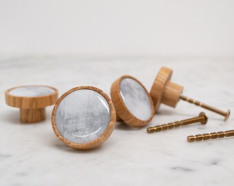 Small Round Marble Knob, Oak wood Minimalist handle Modern cabinet pulls, Wooden Knobs, cabinet door knob, handmade drawer knobs