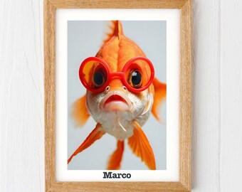 Fish print, goldfish in goggles animal personalised nursery prints