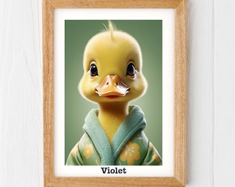 Duck print, yellow duckling personalised nursery prints, duckling gift nursery decor baby room wall art
