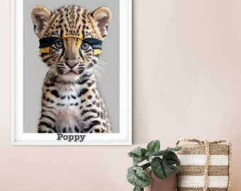 Children's Superhero Jaguar print, personalised safari animals nursery décor, baby animal prints