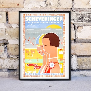 Framed Antique Advertising Print, 'Scheveningen' retro travel poster, vintage poster travel illustration advertising sign
