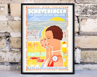 Framed Antique Advertising Print, 'Scheveningen' retro travel poster, vintage poster travel illustration advertising sign