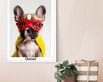Children's Superhero Pug print, Pug puppy dog print superhero gift, personalised new baby gift