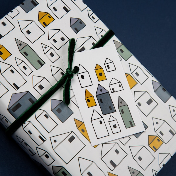 House Wrapping Paper gift tag Set; scandinavian print House warming gift wrapping paper, New Home Luxury Gift Wrap Birthday Paper