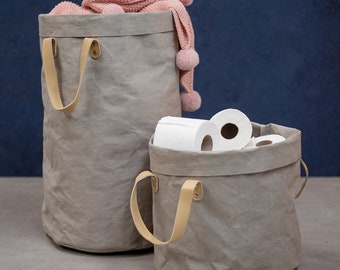 Grey Laundry Basket Washable paper Bag Collapsible Hamper, paper storage basket, Soft Long Handle Decorative Basket