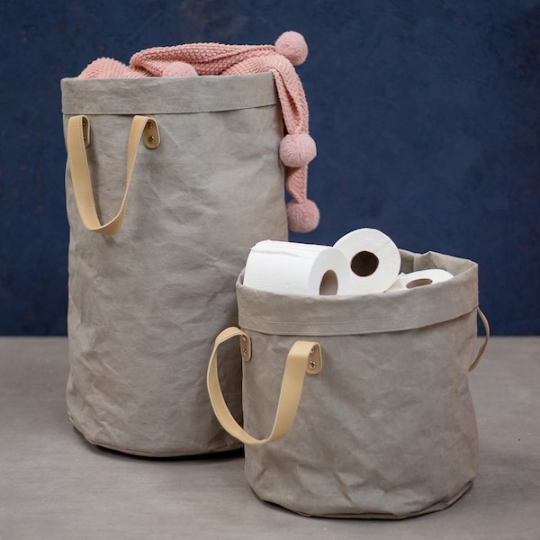 Panier à linge gris, sac en papier lavable, panier pliable, panier de rangement en papier, panier décoratif doux à long manche