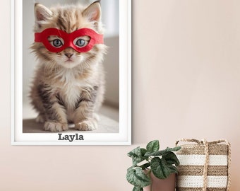 Petit portrait de chat super-héros pour enfants, cadeau de super-héros imprimé chaton moelleux impression personnalisée