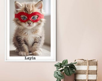 Children's Superhero Tiny Cat portrait, Fluffy Kitten print superhero gift personalised print