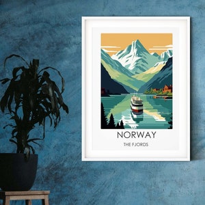 Impresión de viaje retro histórica de los fiordos de Noruega, cartel de viaje personalizado, regalo de aniversario de boda