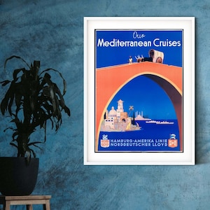 Mediterranean Cruises Travel Print, art deco travel poster, vintage travel boat print, ocean travel art print, cruise ship poster