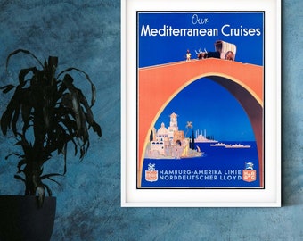 Mediterranean Cruises Travel Print, art deco travel poster, vintage travel boat print, ocean travel art print, cruise ship poster