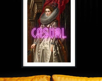 Casual woman funny portrait neon art, funny altered art maximalist decor funky print,