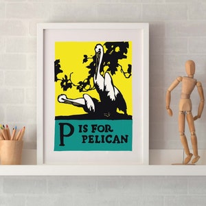 Impresión de pelícano enmarcada, P es para impresión del alfabeto de pelícano, impresión de letra P, alfabeto ilustrado ABC impresión de arte pelícano, regalo inicial p