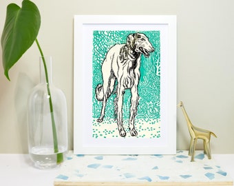 Framed dog print, vintage print dog art print, borzoi wall art, vintage borzoi dog art antique dog print, vintage poster borzoi print