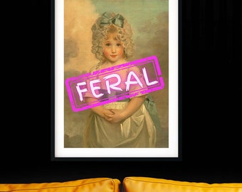 Feral funny portraits neon art quirky print, antique oil painting funky decor, eclectic gallery wall print