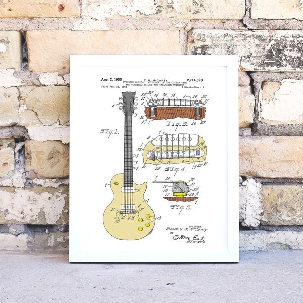 Gibson Les Paul Guitar framed print,  coloured patent print, guitar art patent drawing, Gibson guitar print