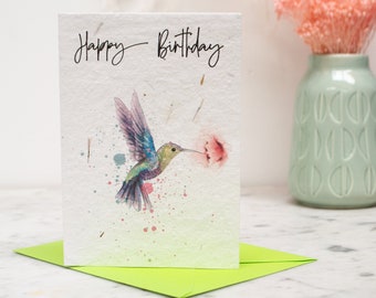 Hummingbird Happy Birthday Plantable Seed Paper Hummingbird Card, eco growable seedpaper watercolour card, bird card