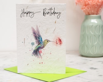 Hummingbird Happy Birthday Plantable Seed Paper Hummingbird Card, eco growable seedpaper watercolour card, bird card