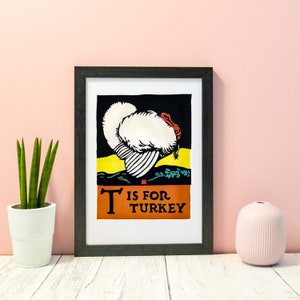 Turkey Framed Vintage Alphabet print, Turkey Illustration print, Childrens Alphabet Animal Print, T is for TurkeyABC Wall Art Nursery