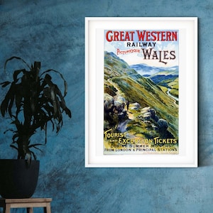 Great Western Train travel posters, Wales Vintage Travel Poster UK, England wall art travel print