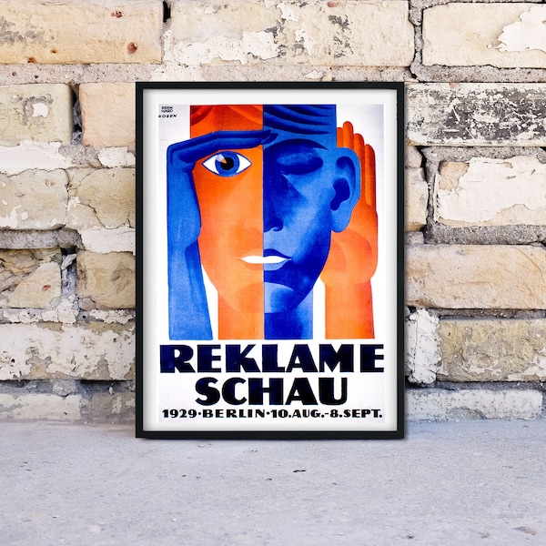 Framed Advertising Print, Bauhaus wall art exhibition illustrated vintage poster, 1930's vintage poster Germany exhibition