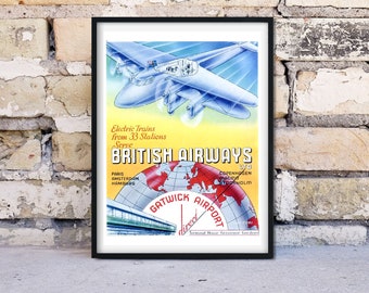 British Airways vintage retro travel poster, air travel print office decor, tourism advert office print