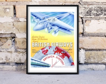 British Airways vintage retro travel poster, air travel print office decor, tourism advert office print