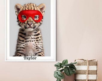 Children's Superhero Leopard print, personalised safari animals nursery décor