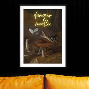 Danger Noodle Neon Snake Print, Altered Art Print, Antique Oil Painting Maximalist Wall Art Eclectic Print, Dark Academia Decor Gothic Art