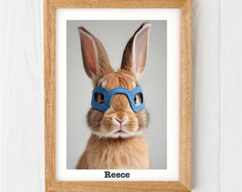 Children's Superhero Baby bunny print, personalised name nursery print bunny art