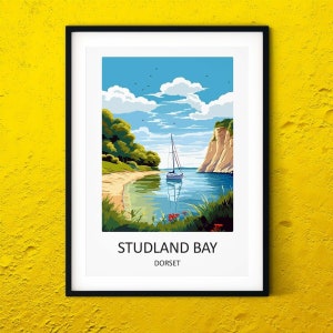 Studland Bay travel posters UK landmark, Hiking Dorset Wall Art Print, Dorset Gift landscape print, personalised Travel Print