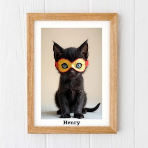 Children&#39;s Superhero Black Cat print, Kitten print superhero nursery gift